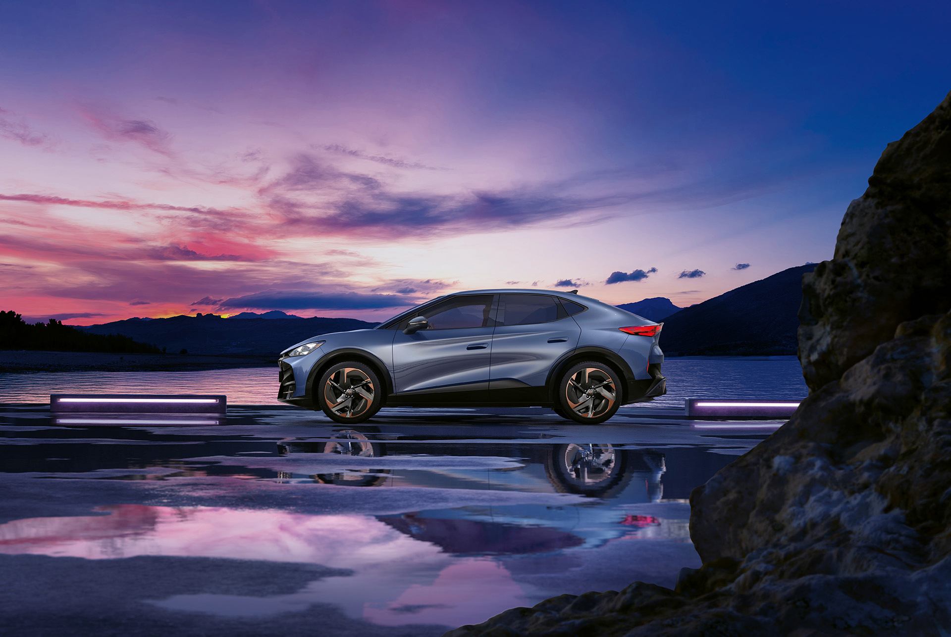 atacama desert 2024 cupra tavascan at sunset, mountains and glass panel