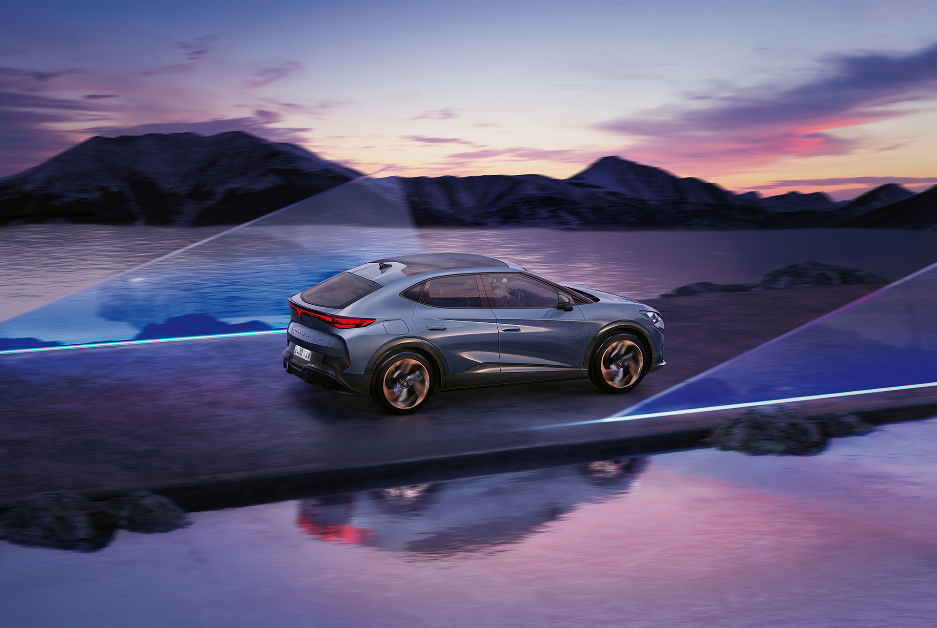 atacama desert 2024 cupra tavascan at sunset, mountains and glass panel