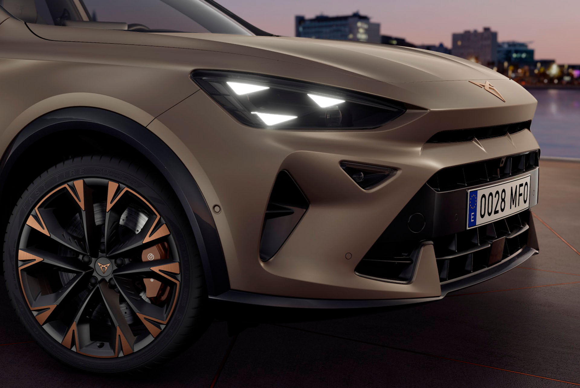 New CUPRA Formentor 2024 in century bronze matt, copper accent wheels, pure performance CUPRA Matrix led lights, headlights with the distinctive triangle eye CUPRA signature.