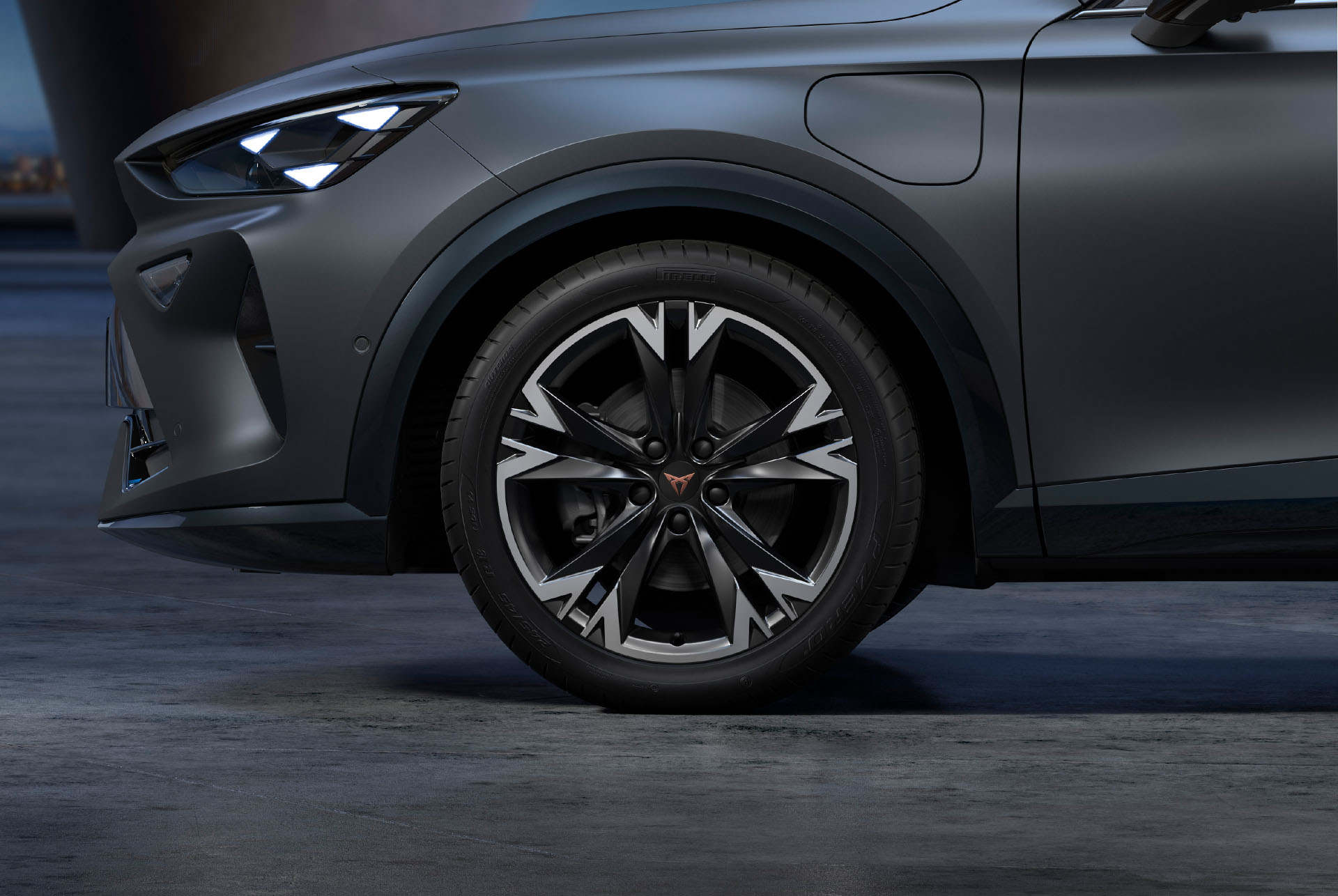 New sonora black and silver CUPRA Formentor 2024 car wheels, alloys and tyres with logo in the middle, LED headlights.