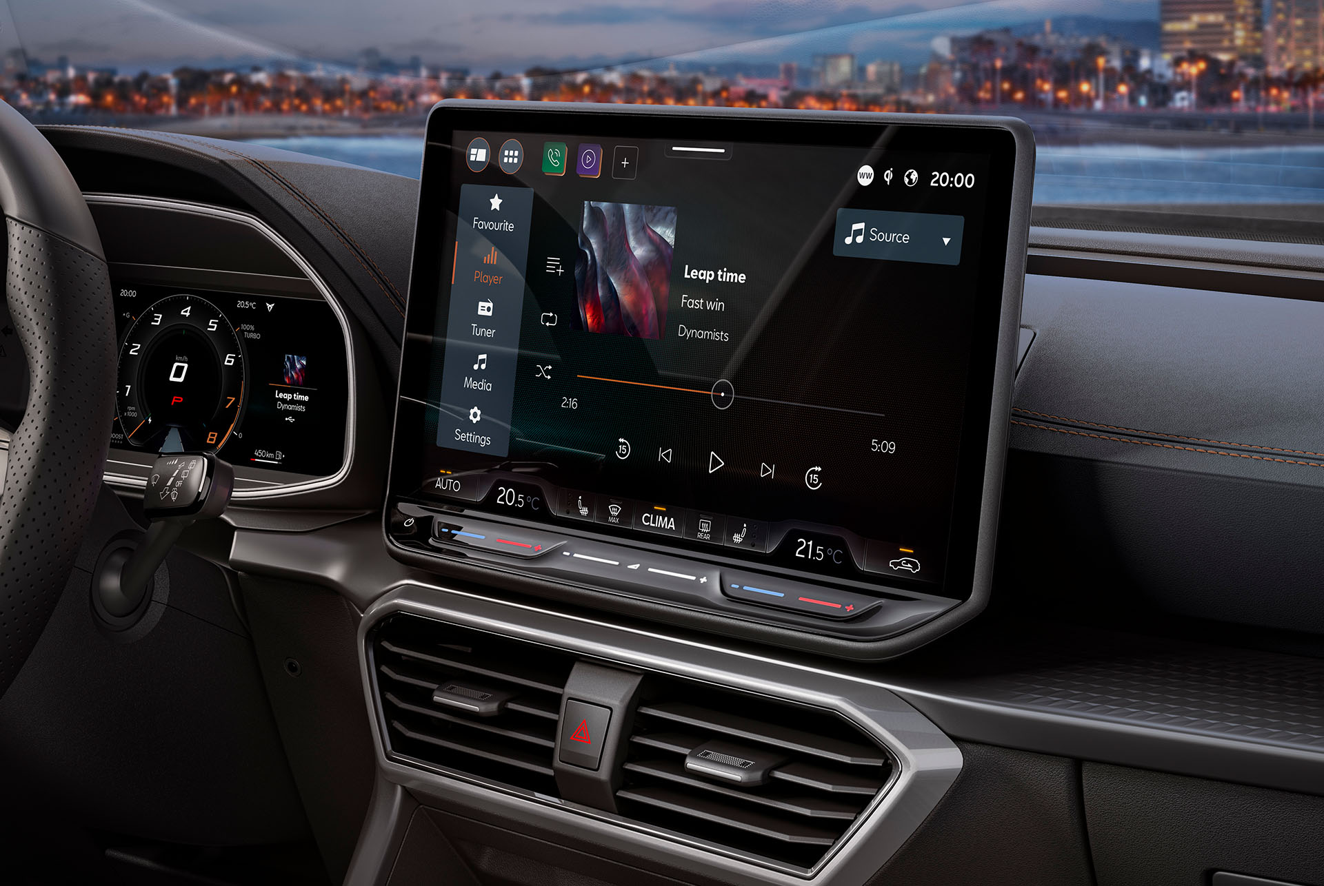 Interior view of a new CUPRA Formentor 2024 featuring a leather steering wheel, an infotainment system showing media and climate control settings and a dashboard with cityscape in the background at dusk.