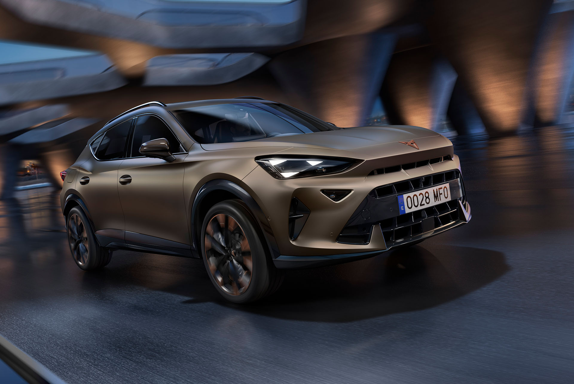 New CUPRA Formentor 2024 in century bronze matt, in motion with torque splitter. blurred skyline and architecture.