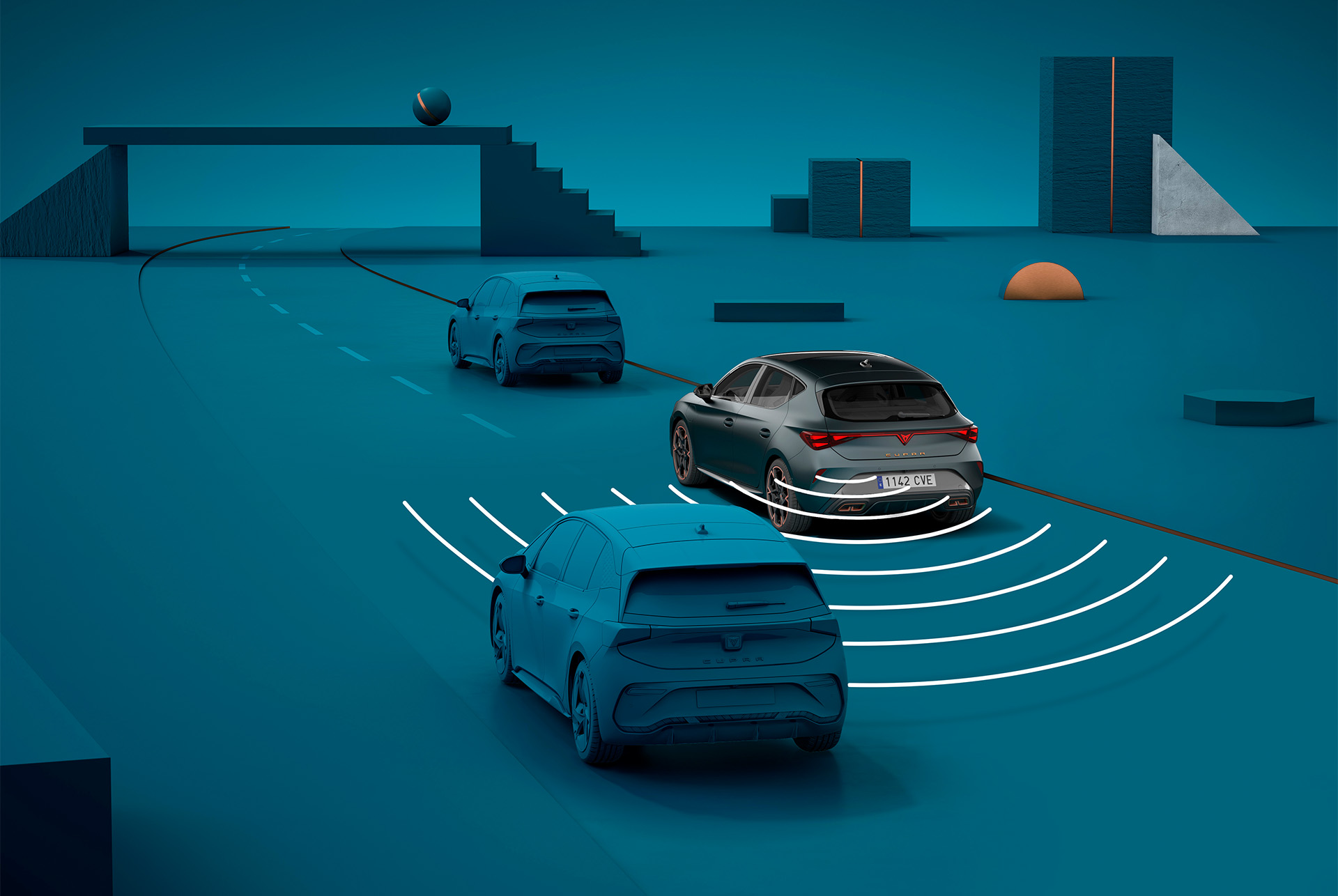 how to use new cupra leon 2024 exit warning system, visual demo with shapes and blue background