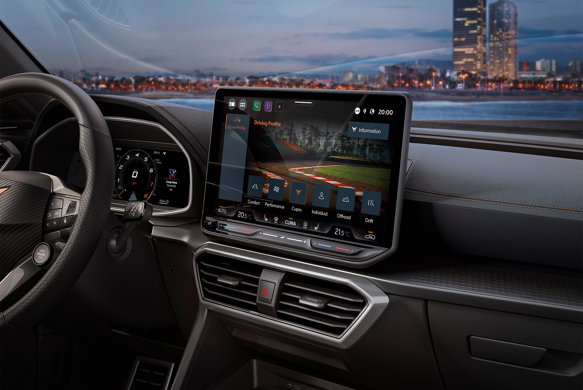 Front view of the new cupra leon 2024 hybrid car advanced steering and dynamic chassis control in action, blurred cityscape background at sunset.