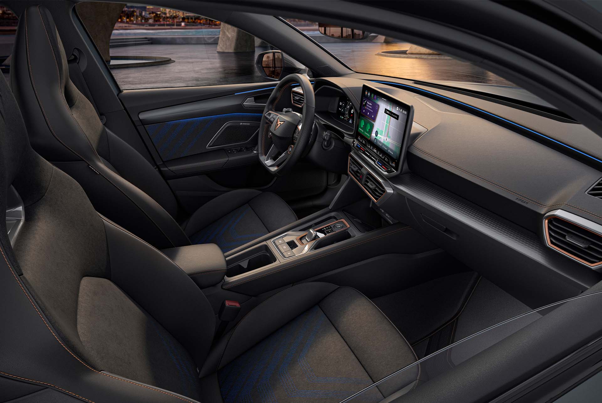 : new cupra leon 2024 hybrid car dynamic interior design, bucket seats made from recycled vegan microfibre material, electric memory functions and heating settings.