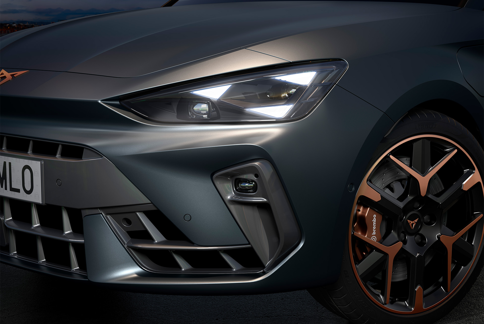 close up of new cupra leon 2024 hybrid car, headlights and 19" hailstorm copper accent forged wheels and enceladus grey matt body