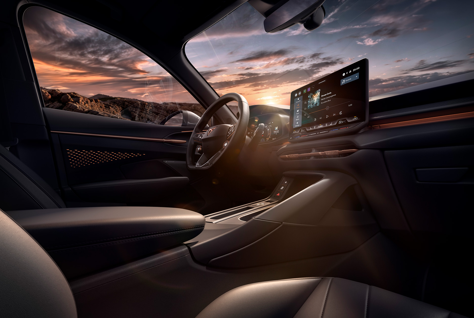 new cupra terramar vz high canyon car interior, featuring a 12.9 inch infotainment system, dashboard, steering wheel with paddles, buttons and heated functionality.