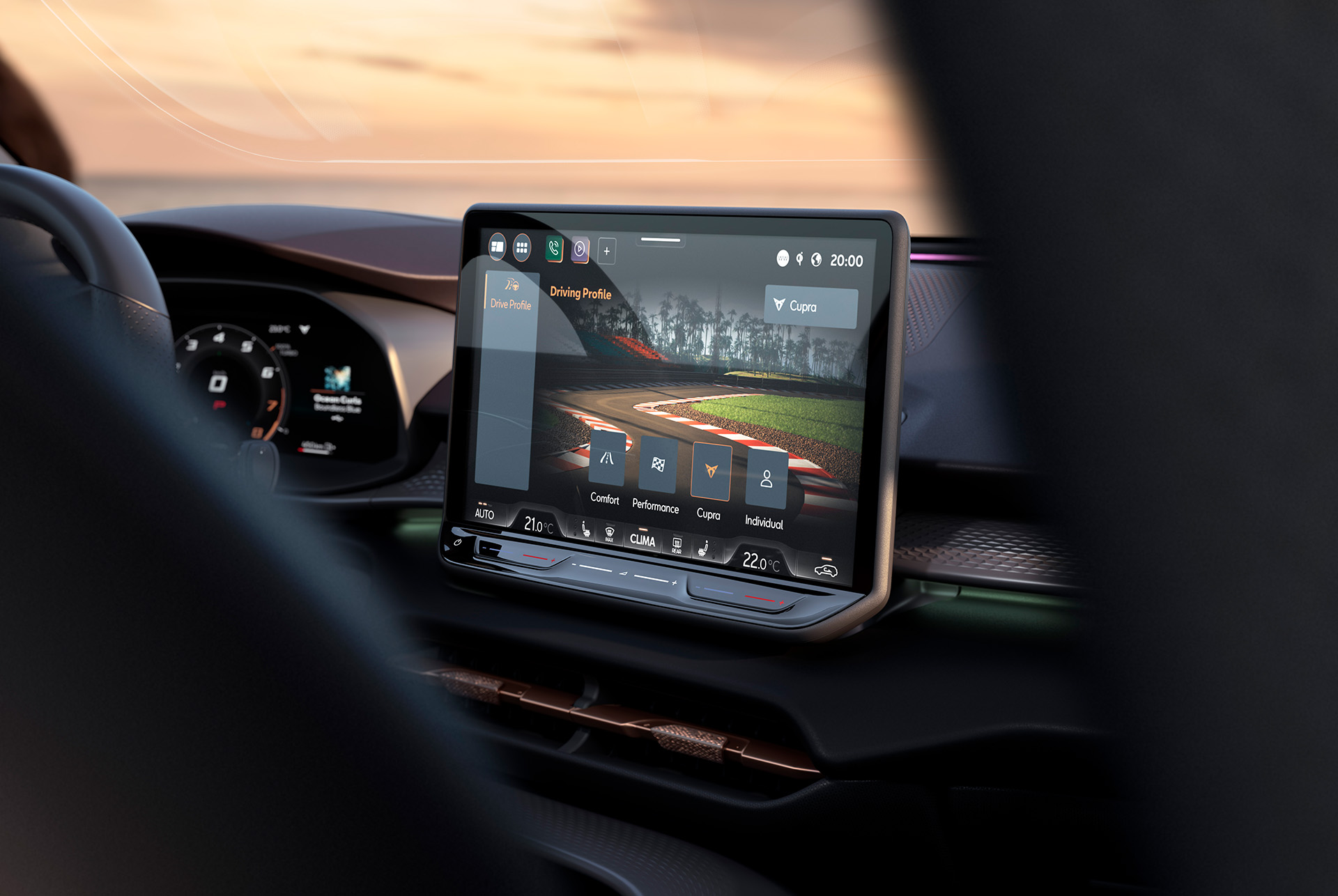 cupra terramar's 12.9" infotainment system displaying the new dynamic chassis control (dcc) feature, which boosts driving dynamics with adaptive damper.