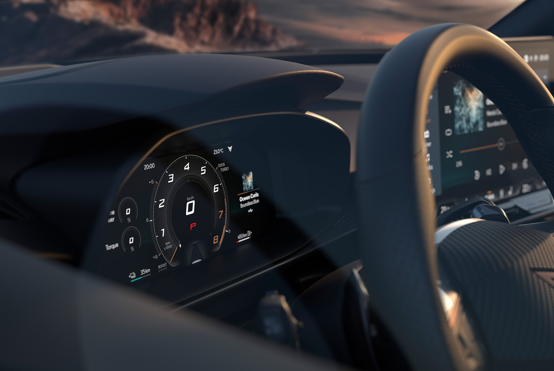 view of cupra terramar's behind the wheel dashboard, digital cockpit featuring a 10.25-inch display, part of the advanced infotainment system.